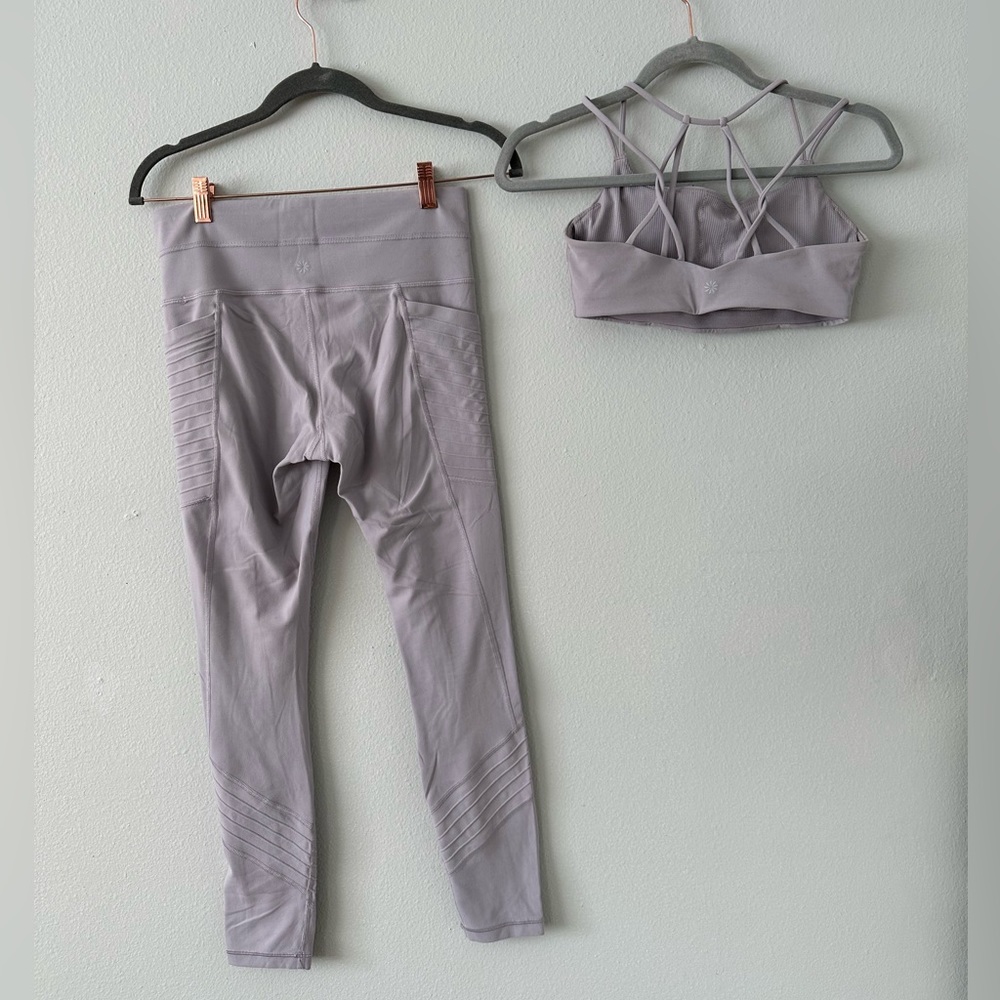 Athleta SET: salutation stash pocket moto tight + breathe in bra lilac stone S